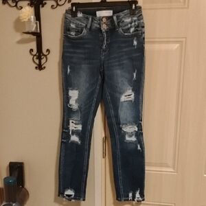 Bridge by Gly Dark Wash Mid-Rise Distressed Ankle Jeans Size 26